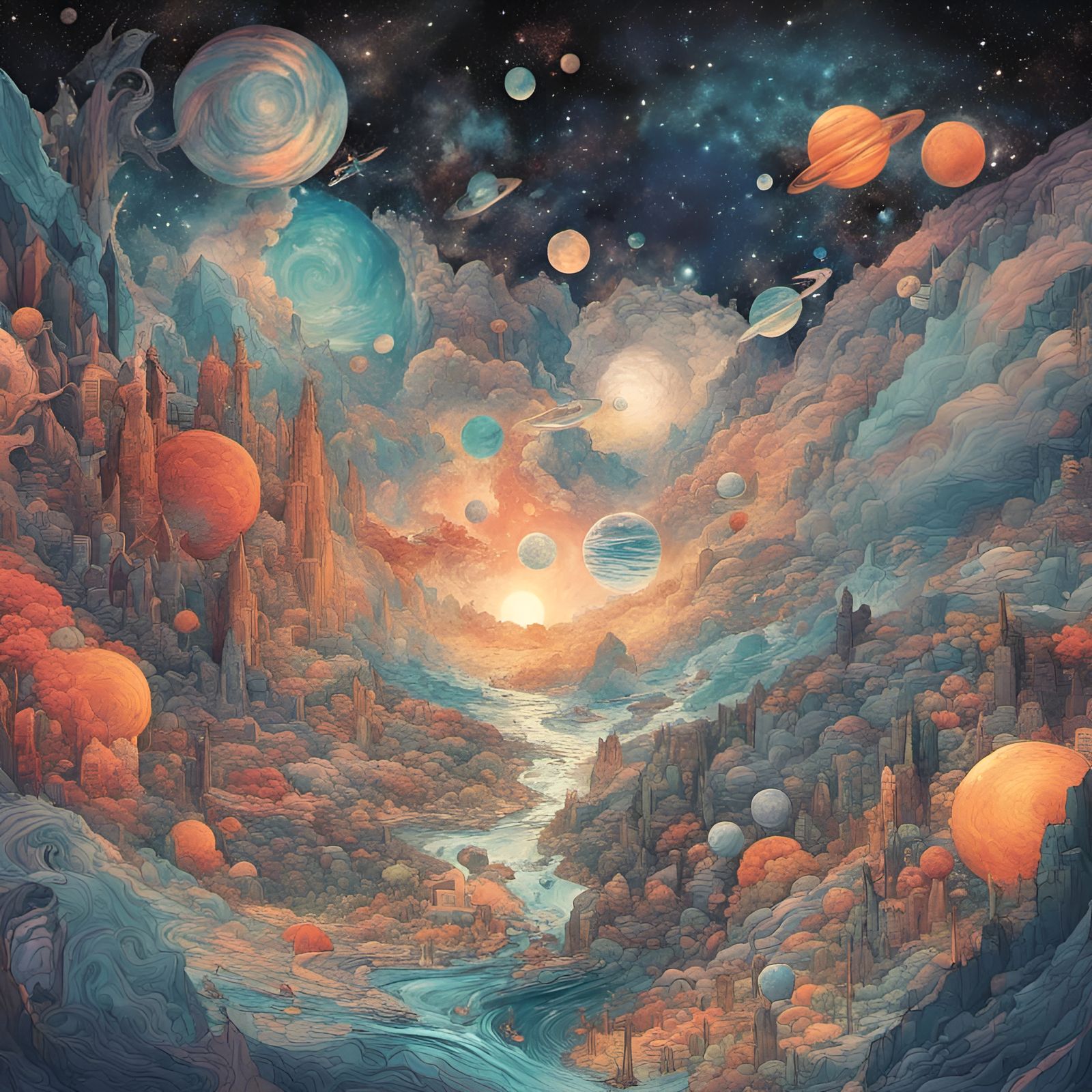 Moonscape Meets Enchanted Forest: Cosmic Mixed Media