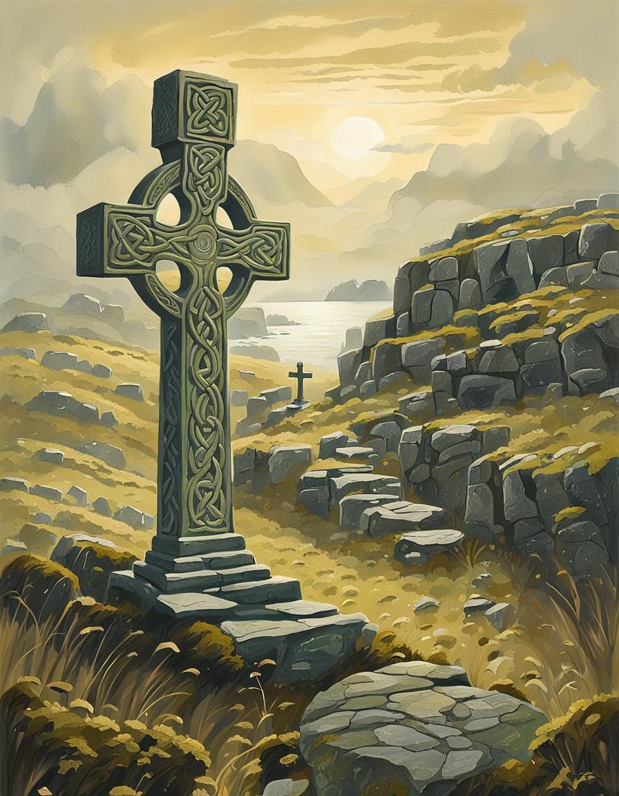 Celtic Cross in Cornish Landscape as Gouache Painting