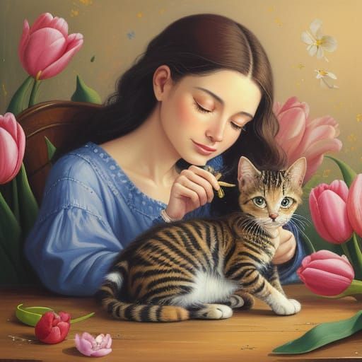 Woman, Kitten, and Tulip: A Whimsical Still Life