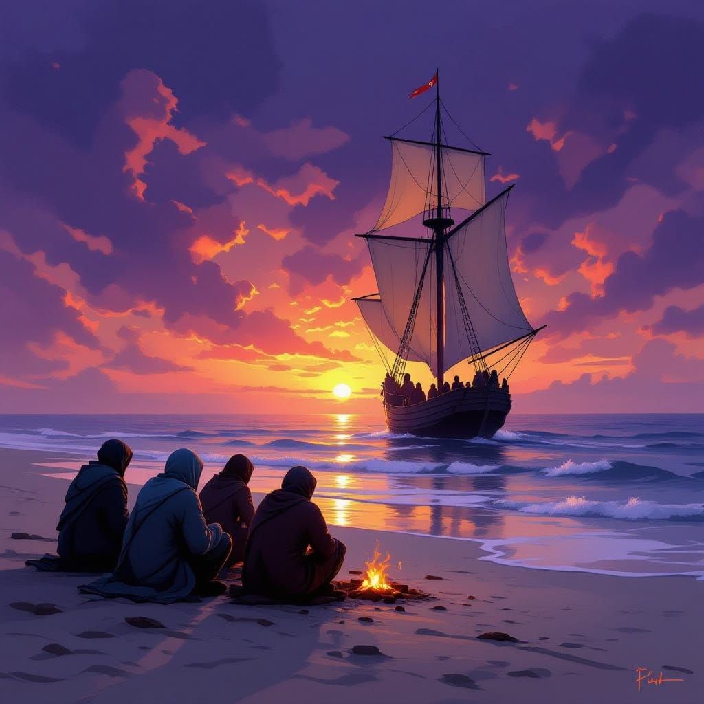 Pilgrims Stranded on Beach as Ship Sails Away