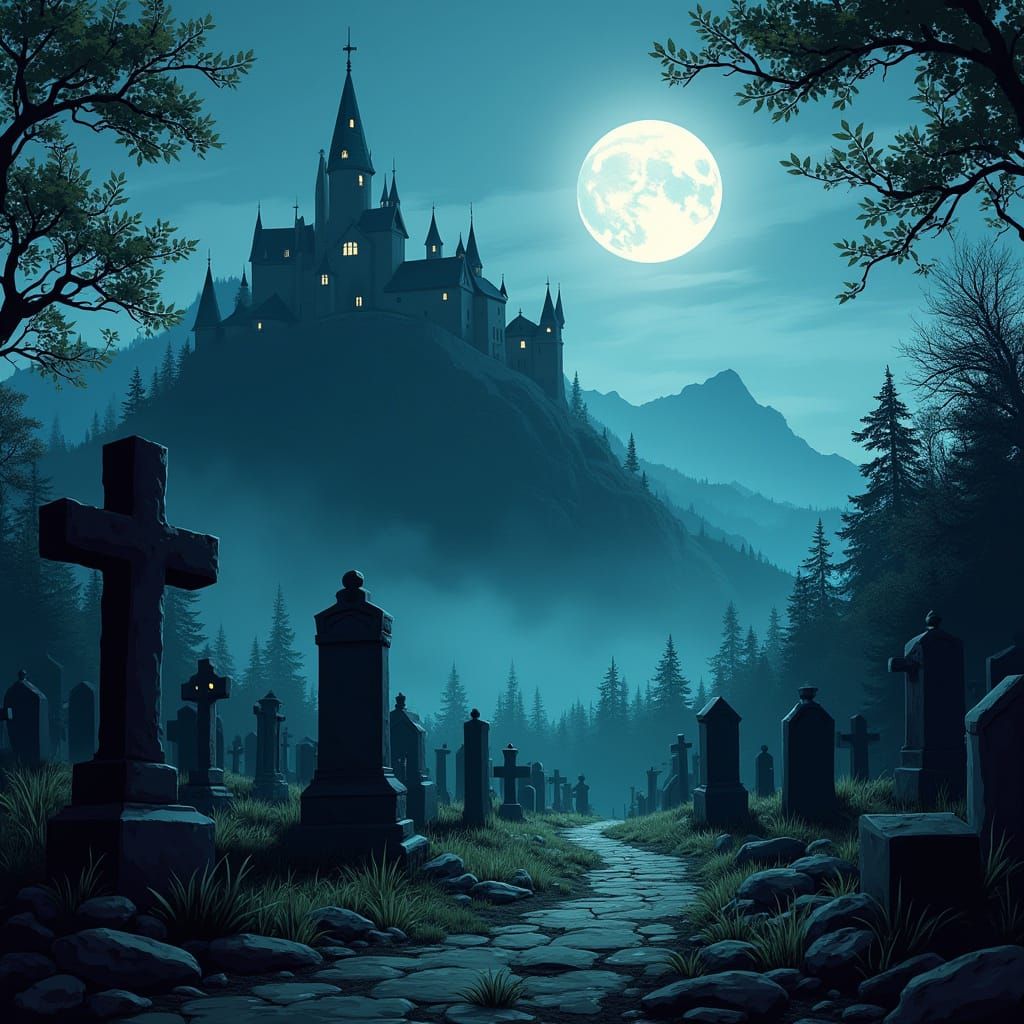 Spooky Castle and Cemetery in Comic Book Style