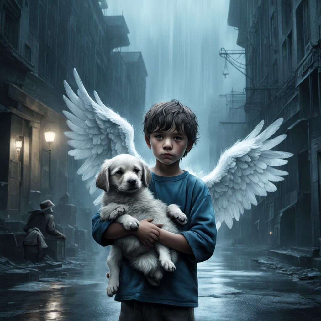 Boy Comforts Wet Puppy Under Angel's Watch in Dystopian Art