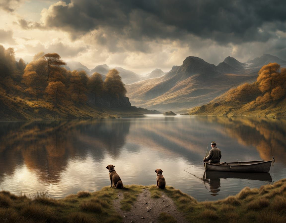 Lone Fisherman and Dog at Scottish Lake - Cinematic Digital ...