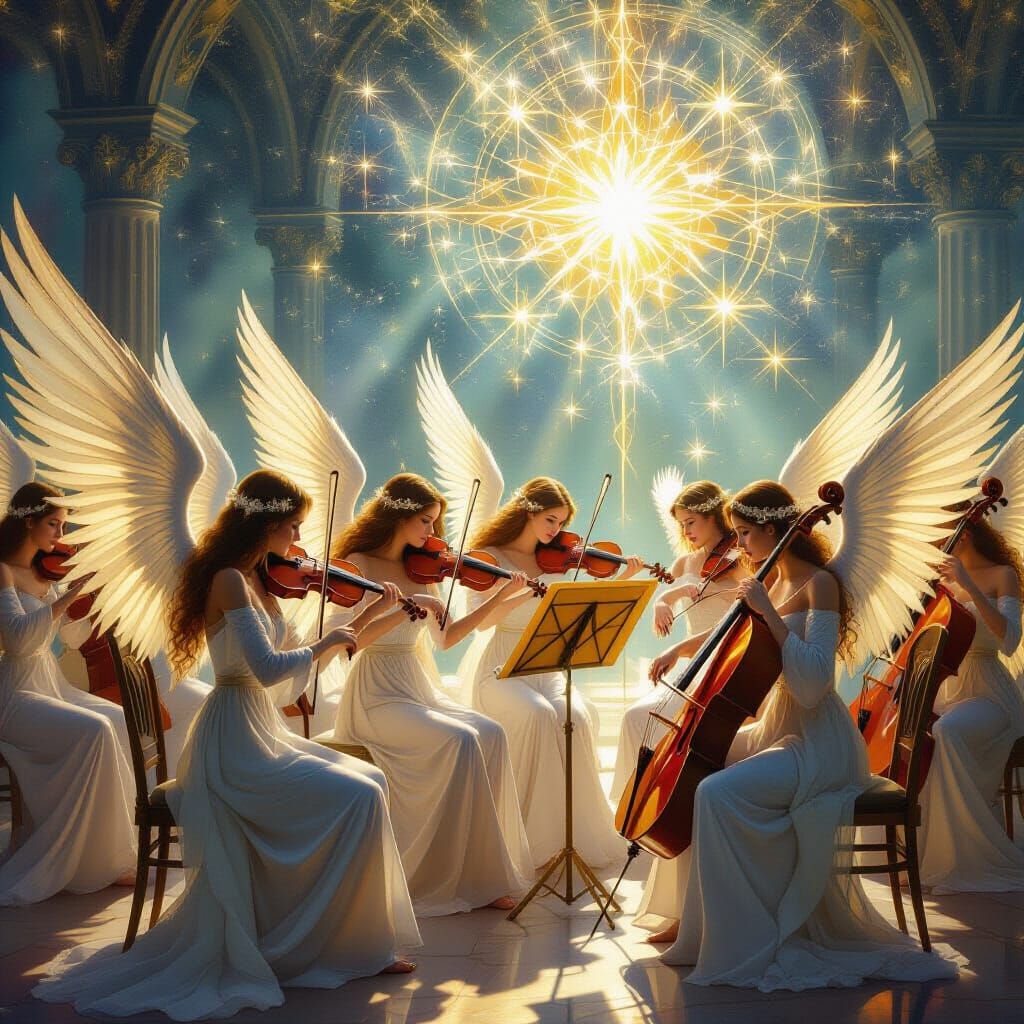 Angelic Orchestra Plays Cosmic Symphony in Luminous Style