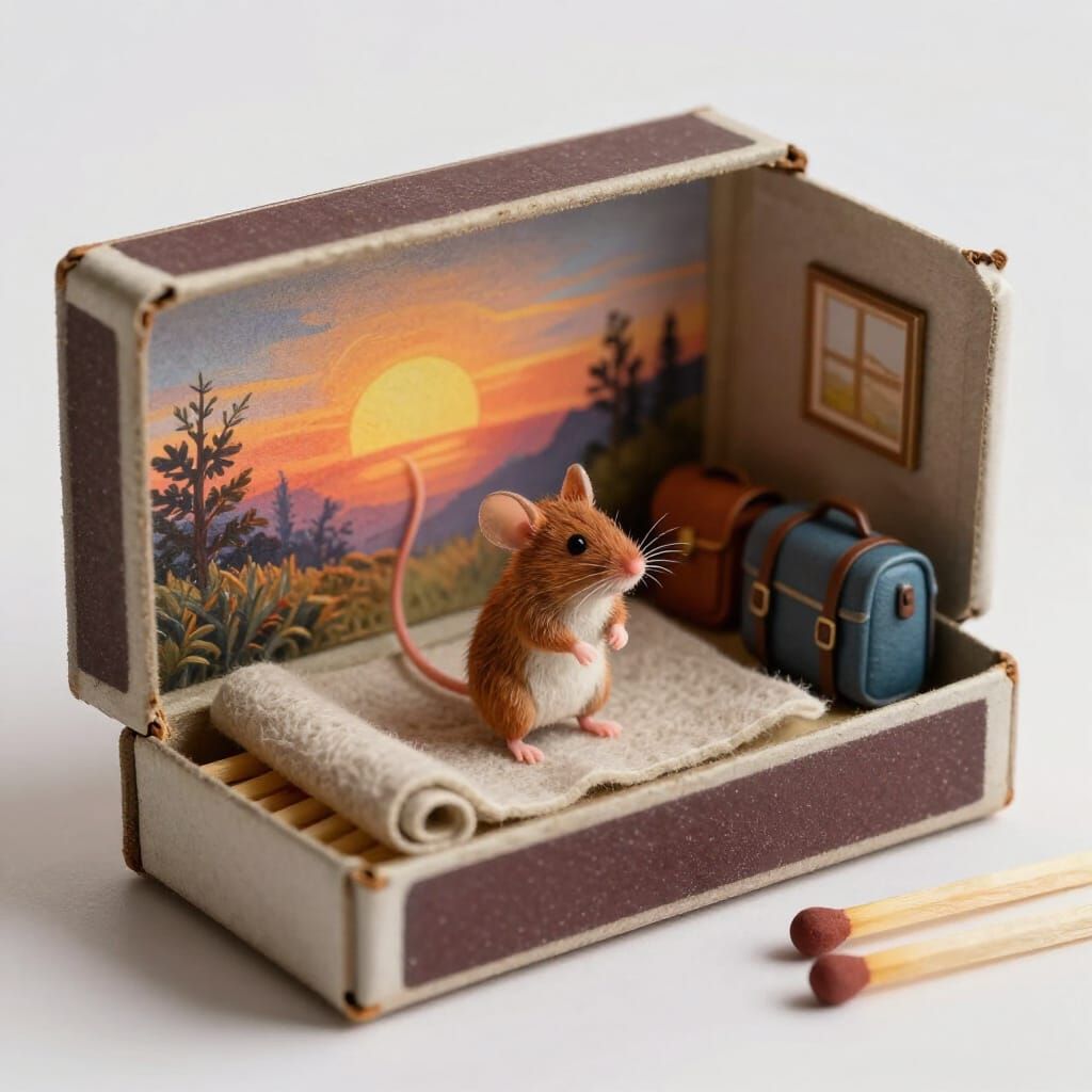 Tiny Mouse Morning Stretch in Vintage Matchbox Diorama