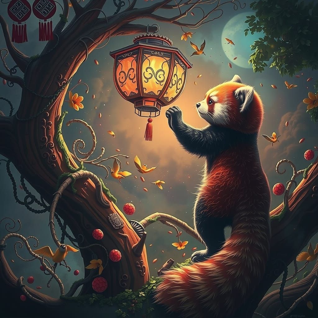Red panda holding onto a Chinese lantern