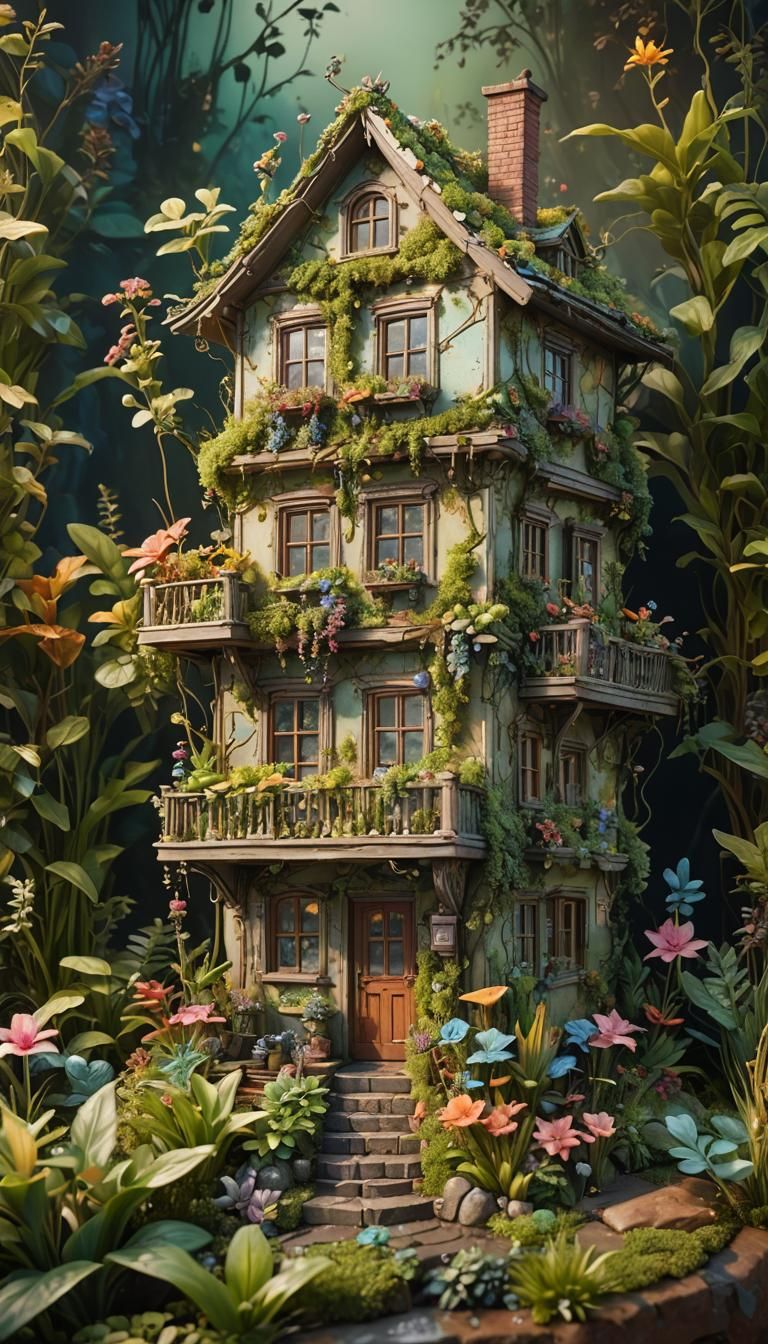 Hyperrealistic Resin Fairy House with Plants