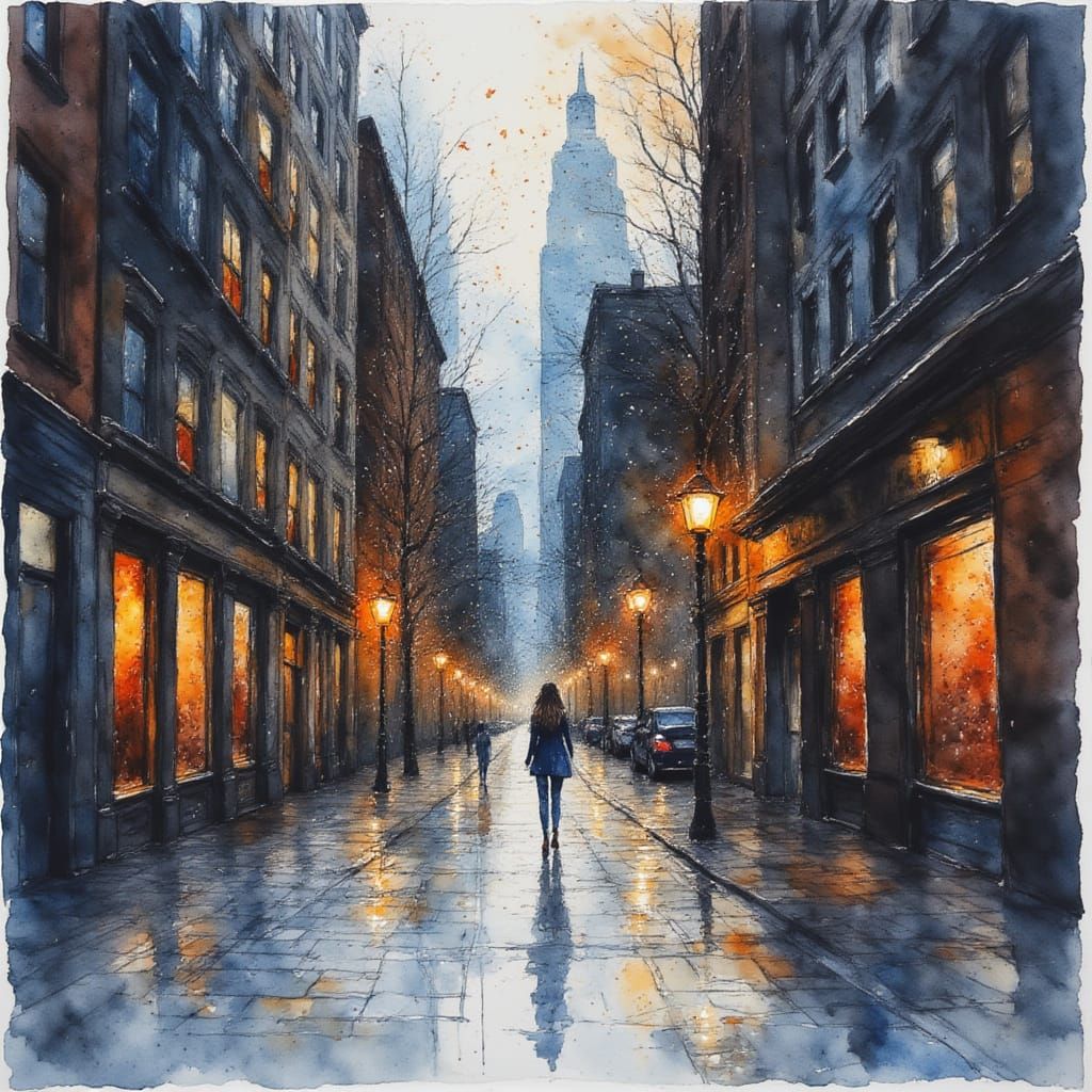 Surreal Cityscape Two-Point Perspective Watercolor Art