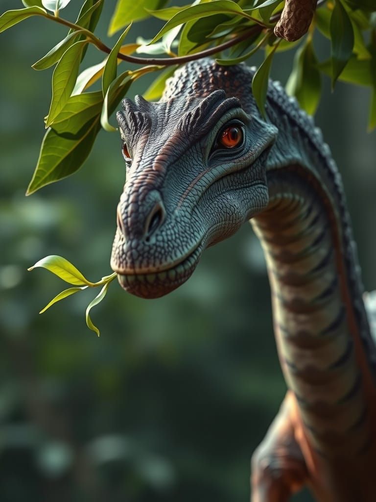 Dinosaur Eats Leaves in Jurassic Landscape