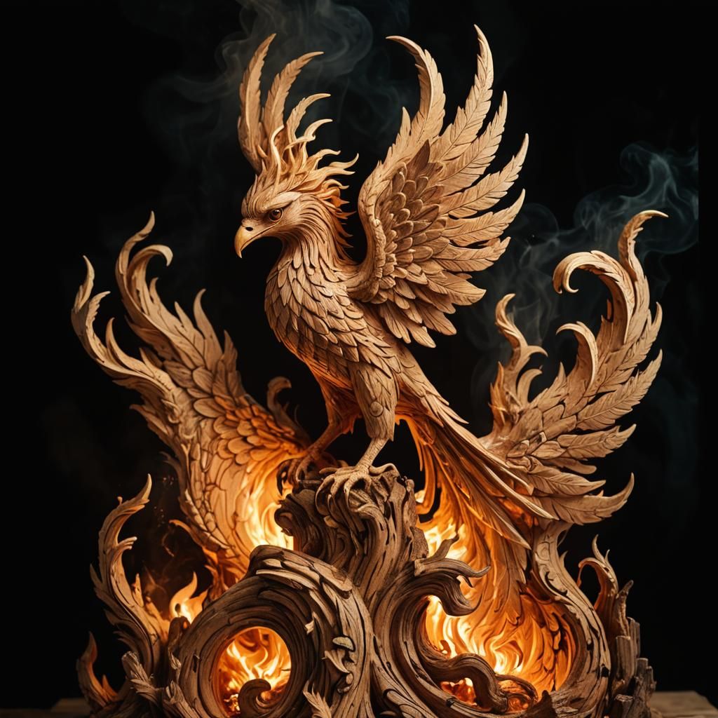 Wood carving phoenix