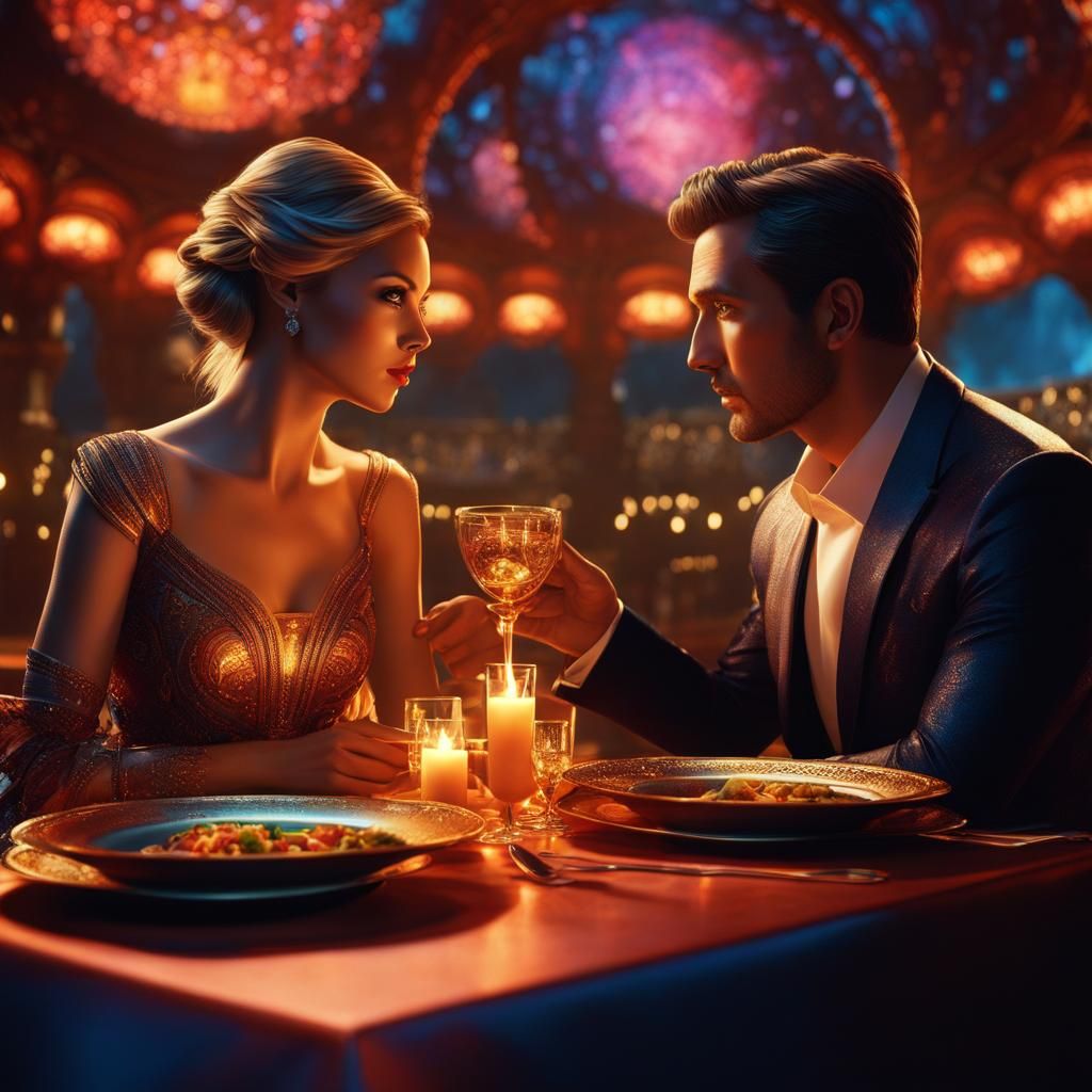 Futuristic Candlelight Dinner: Romantic Cyberpunk Scene