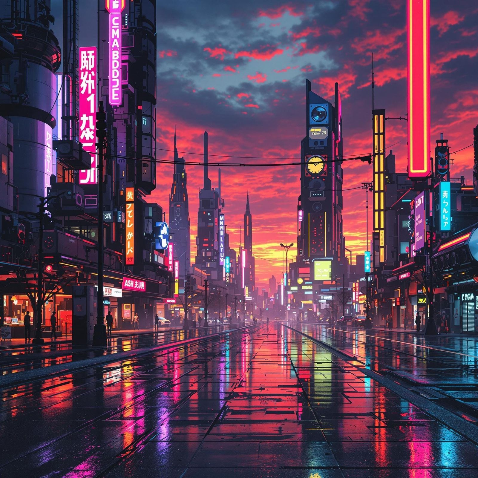 Cyberpunk Cityscape at Dusk with Retrofuturistic Vibes