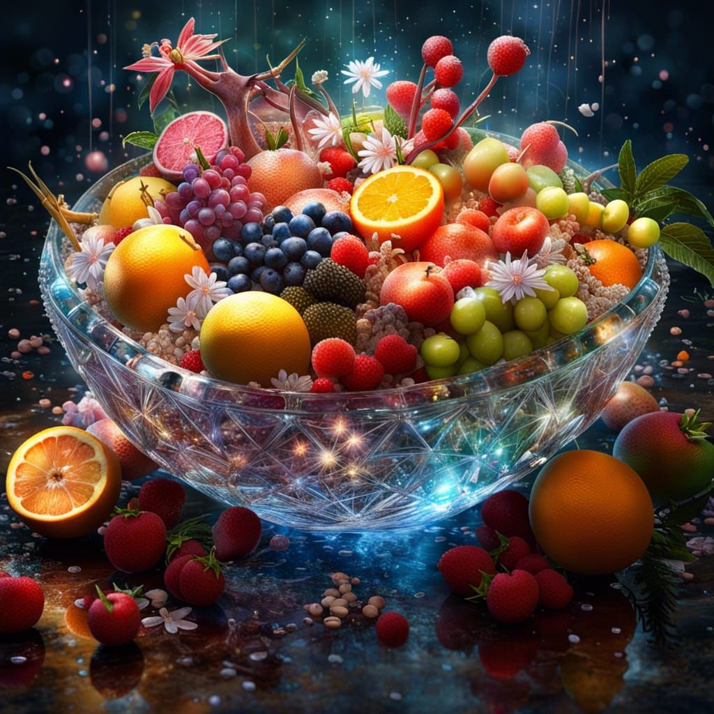 Crystal Bowl Overflowing with Fruit and Flowers