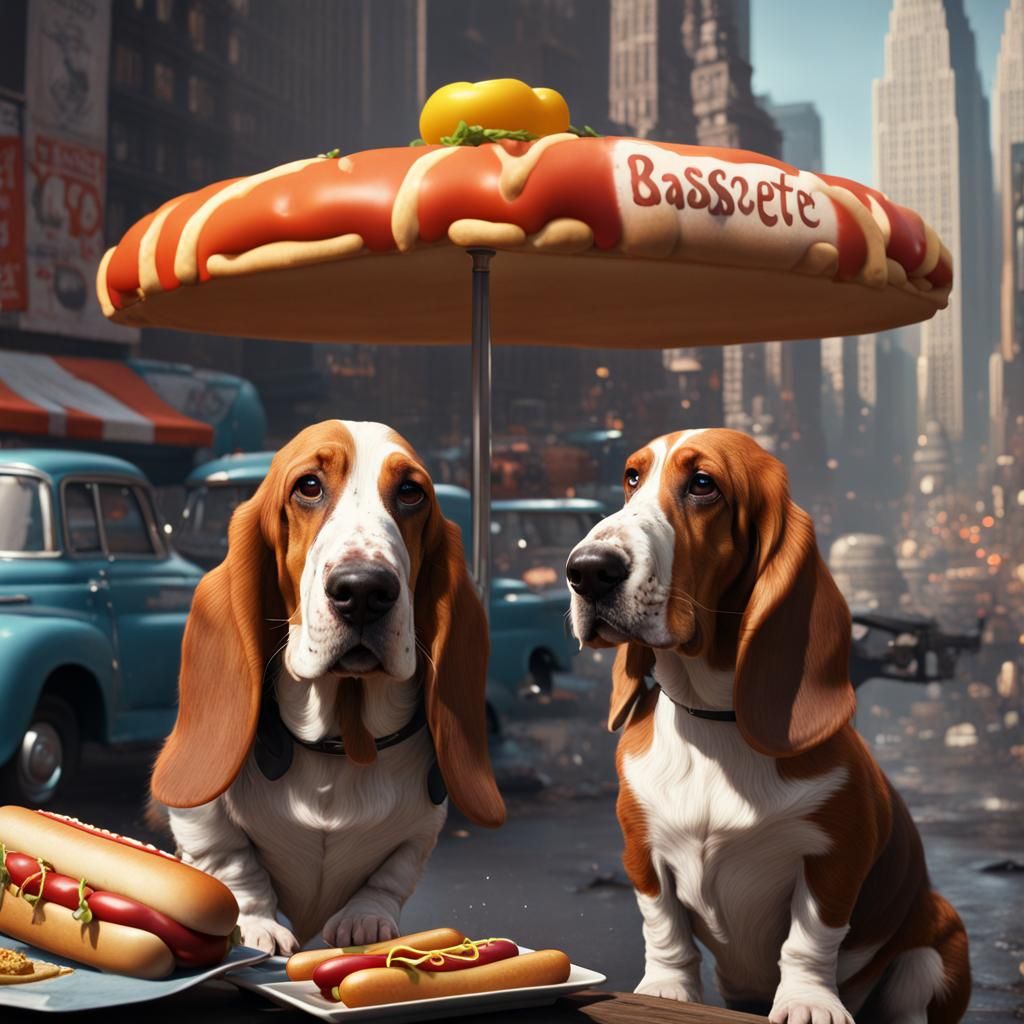 Basset Hound Selling Hot Dogs in 1970s New York