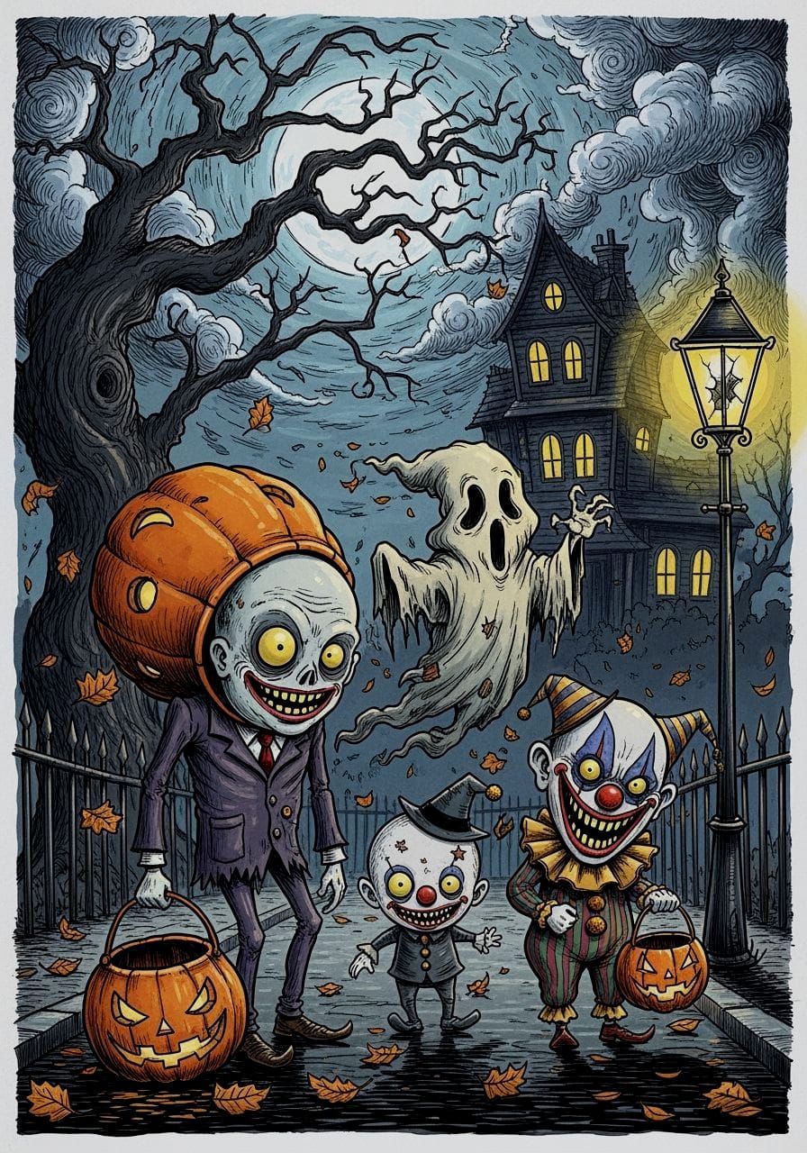 Gris Grimly Style Halloween Trick-or-Treat Scene