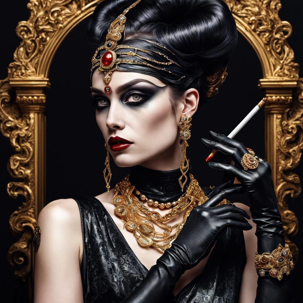 Sultry Gothic Goddess in Opulent Watercolor Splendor