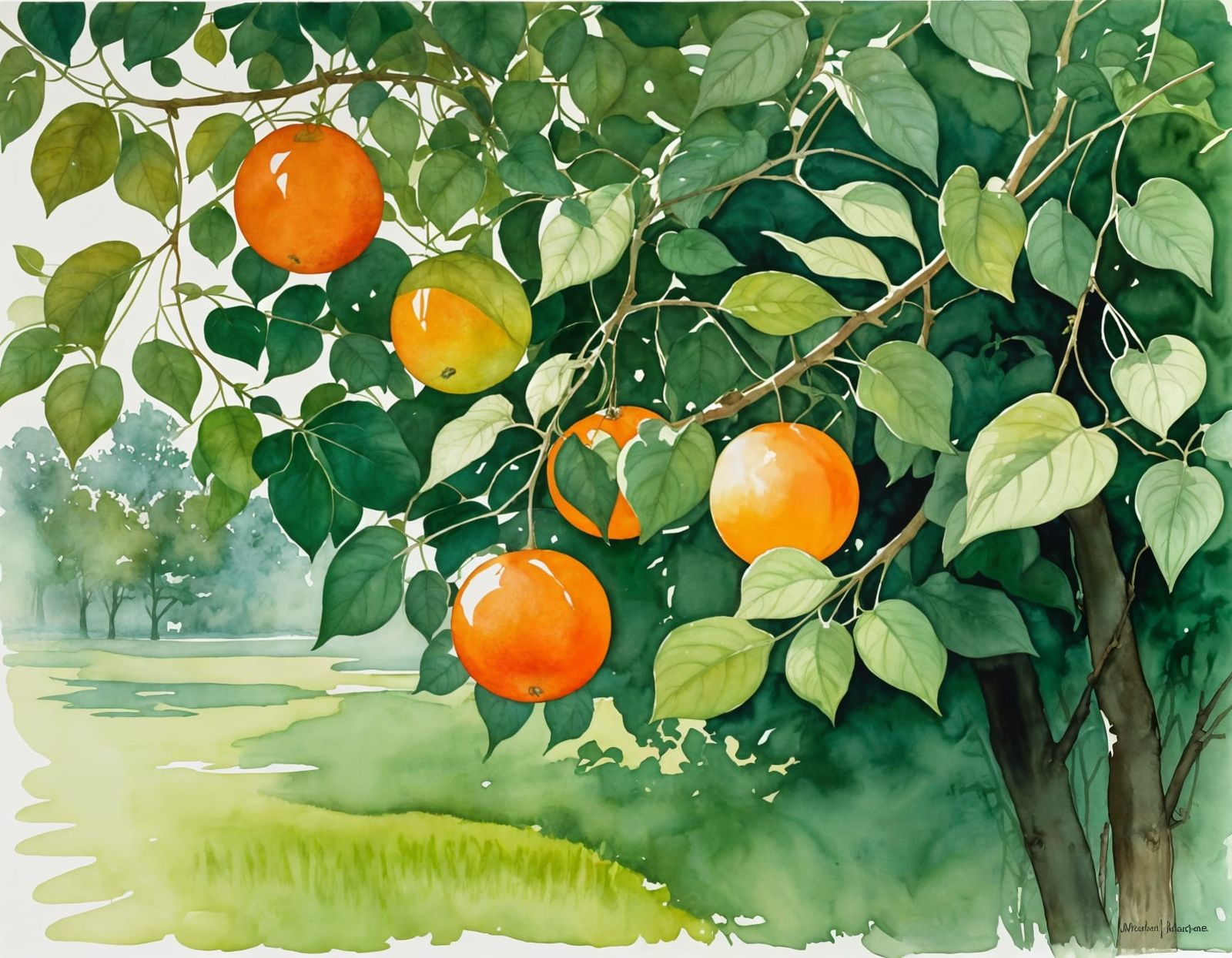 Orange Blooms Amongst Vibrant Green Canopy in Watercolor