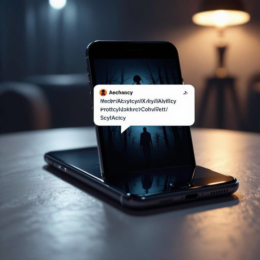 Terrifying Smartphone Notification in Eerie Horror Style