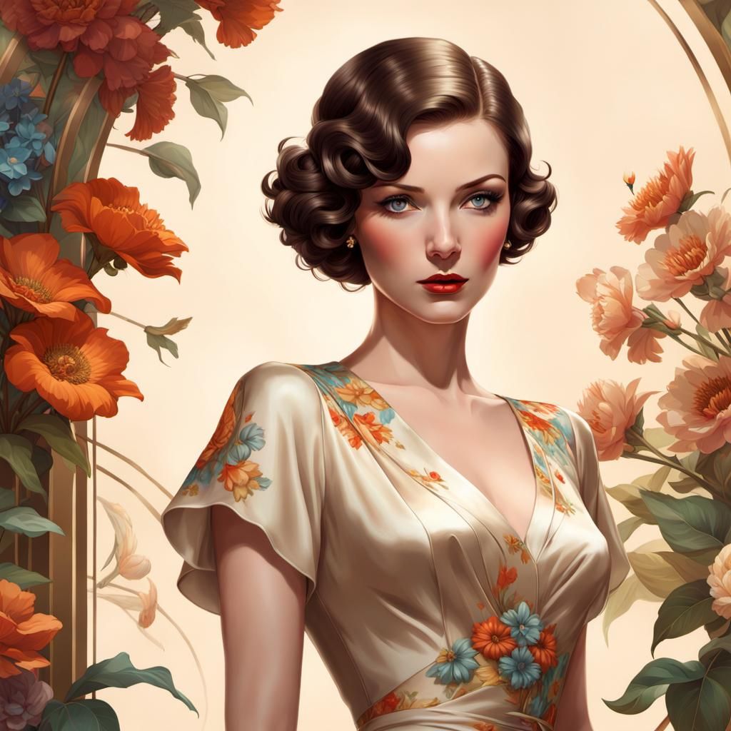Chic Lady in Vintage Floral Silk Gown