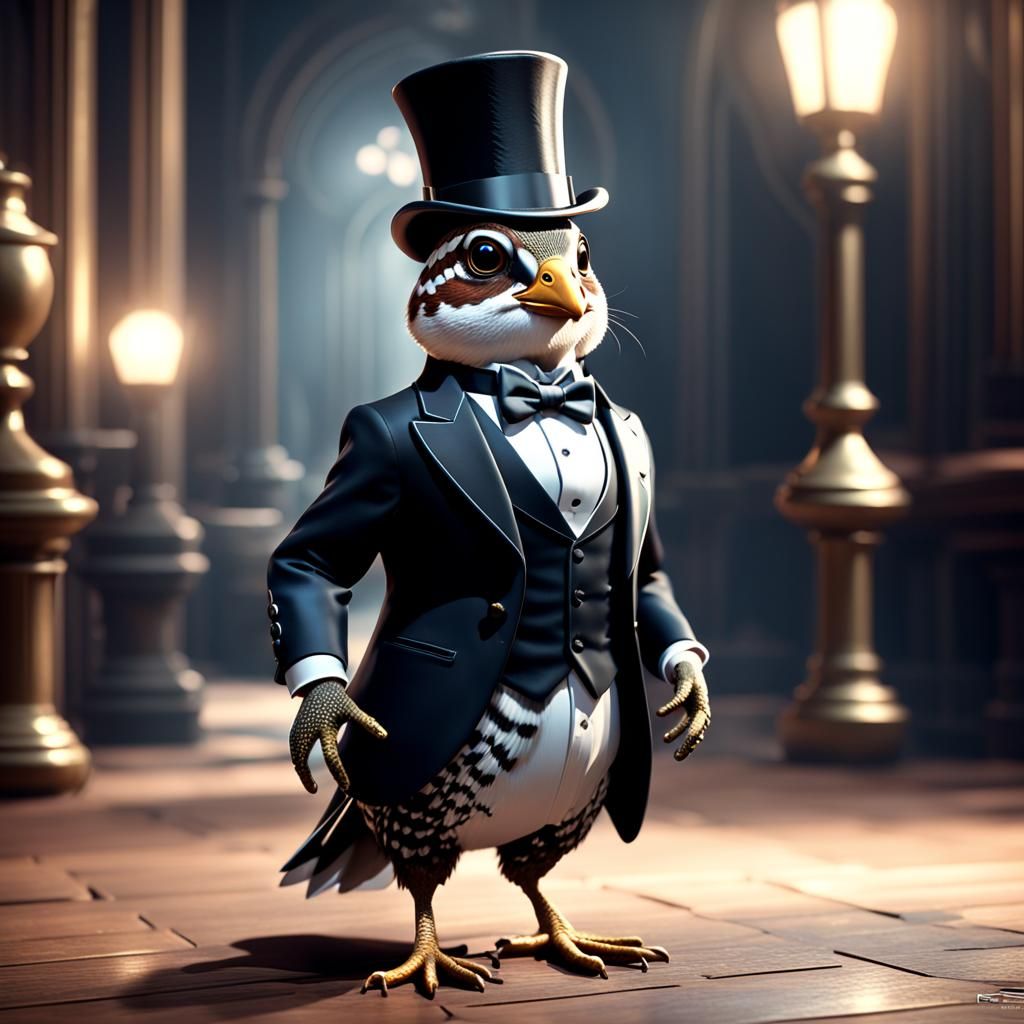 Dapper Quail in Tuxedo: 3D Cinematic Render