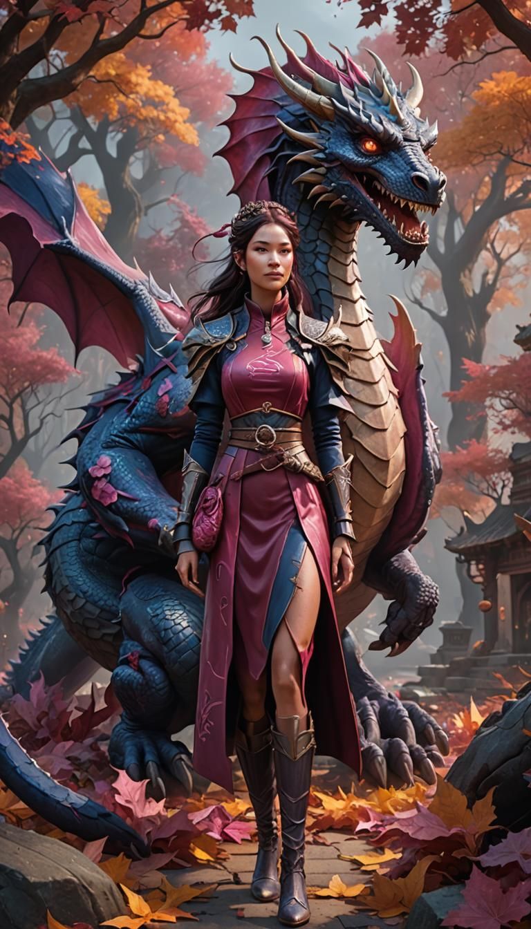Autumn Woman with Dragon: Detailed Fantasy Art