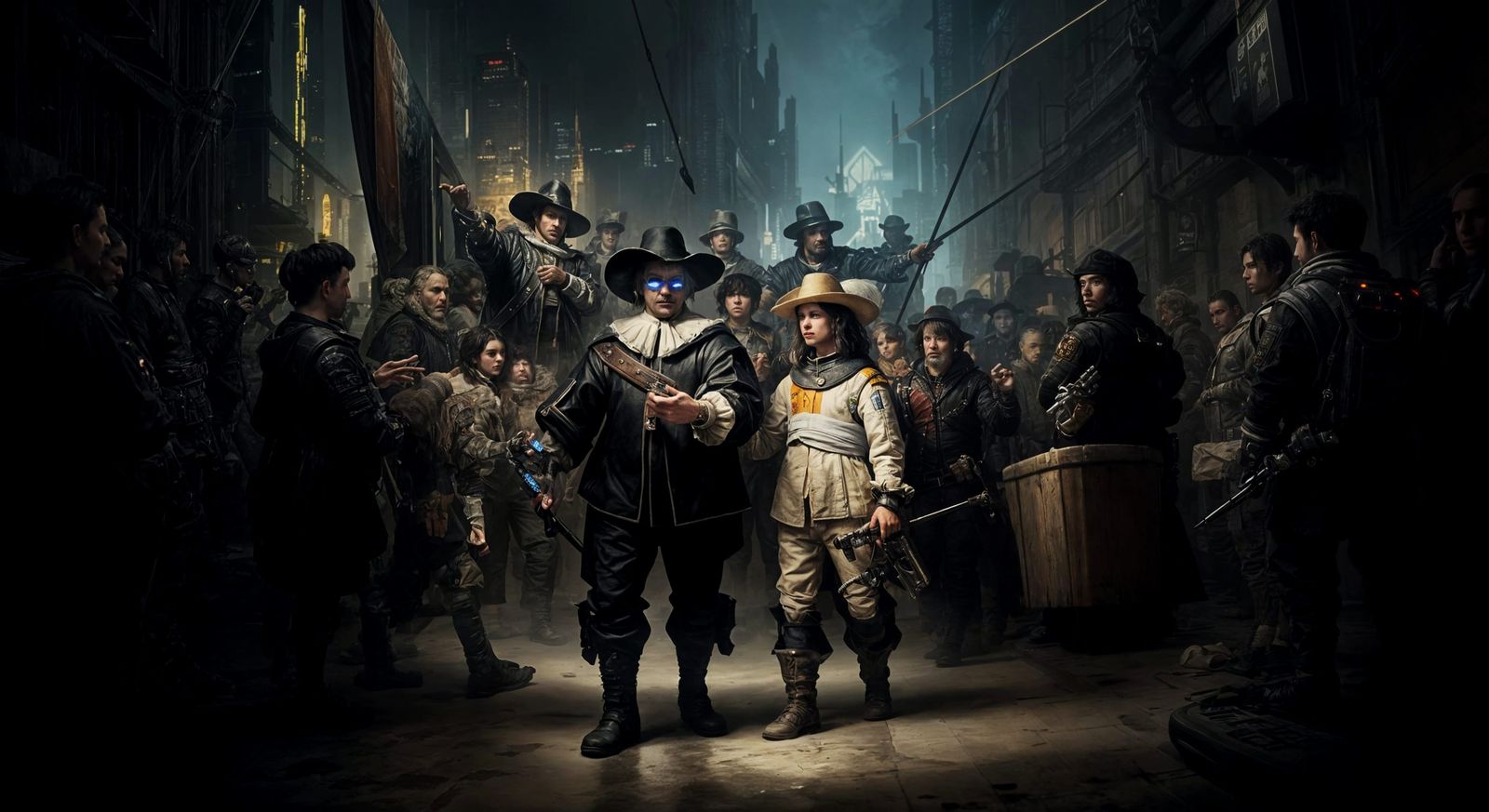 Cyberpunk Night Watch Inspired by Rembrandt