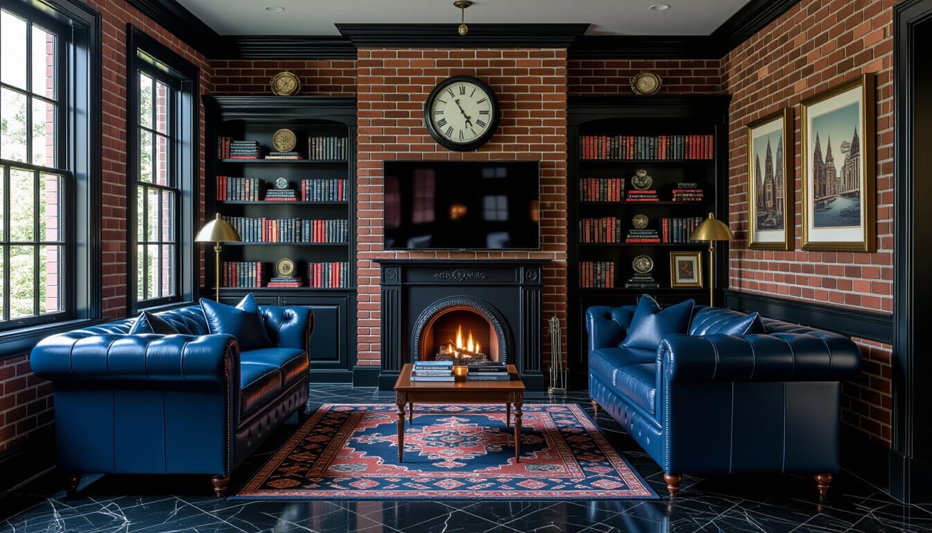 Victorian Living Room with Dark Blue and Brick Accents