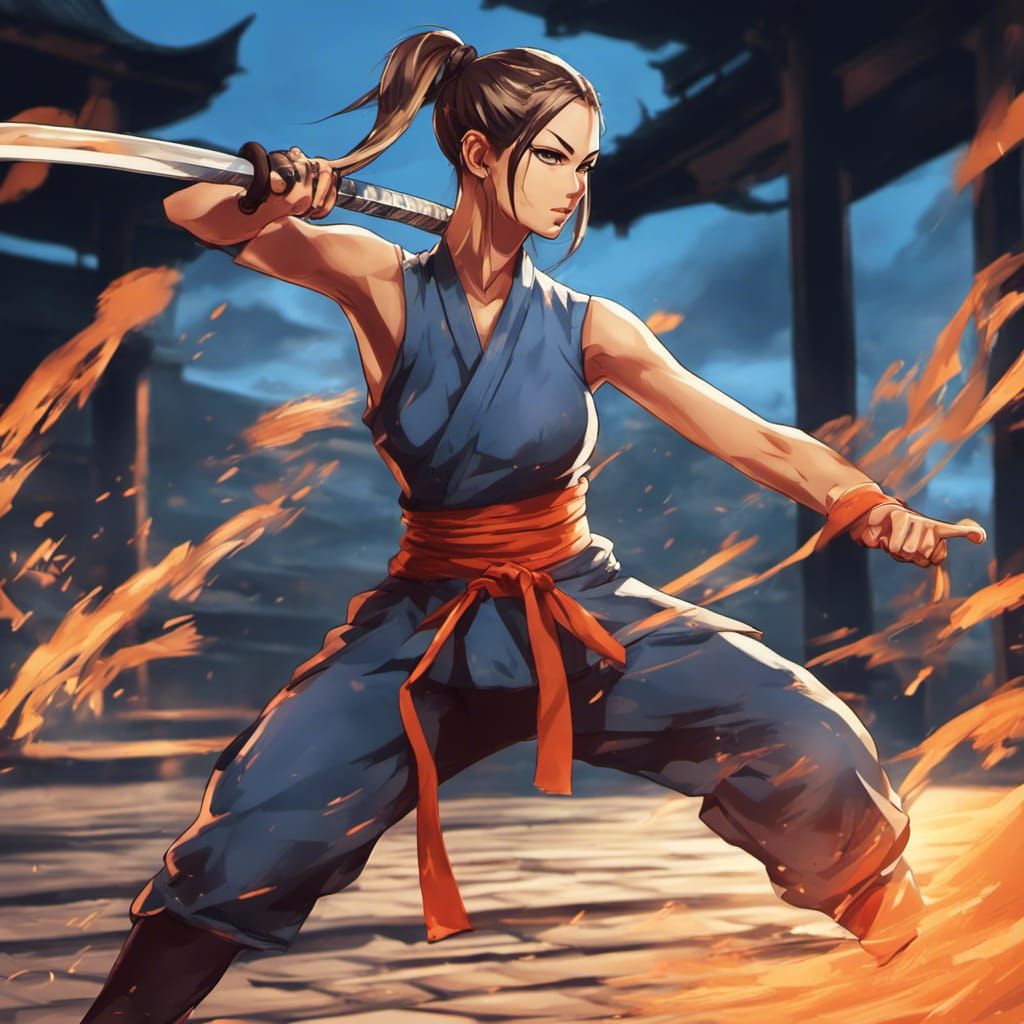 Anime Woman in Kung Fu Pose with Katanas