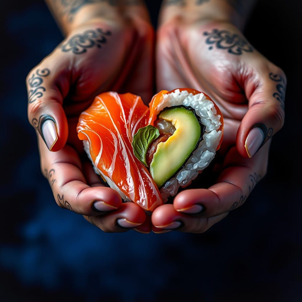 Delicate Sushi Heart in Henna-Crafted Hands Against Stormy N...