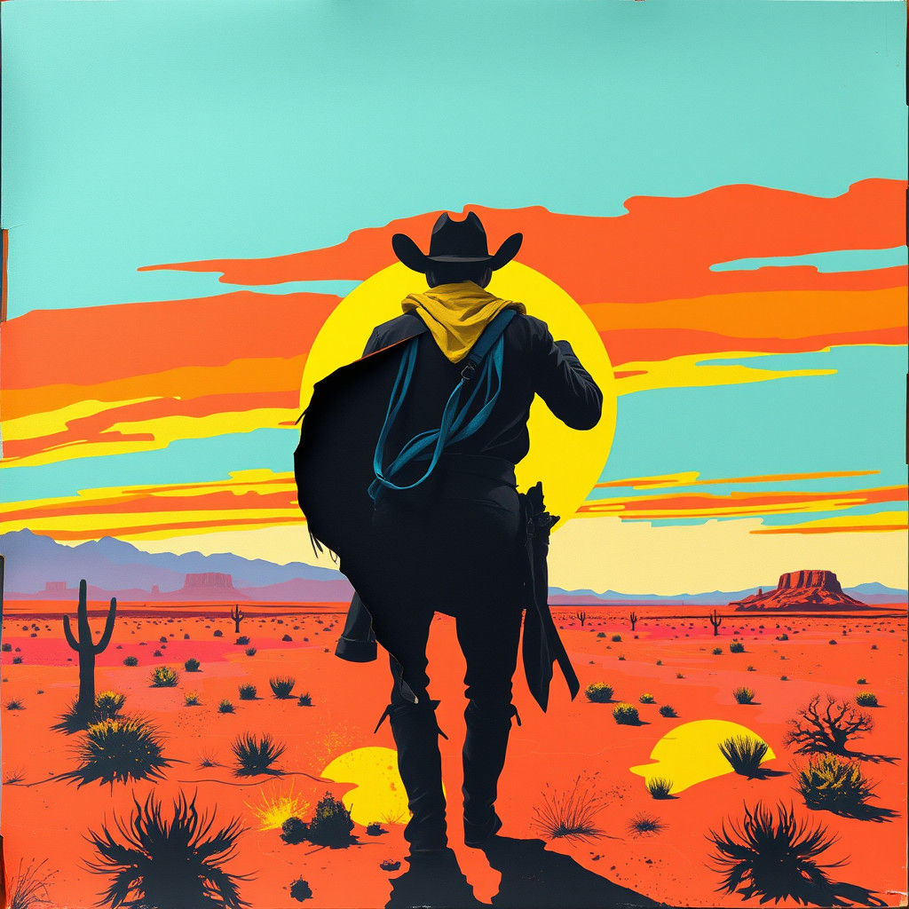 Abstract Cowboy Gazing at Desert Sunset in Pop Art Style