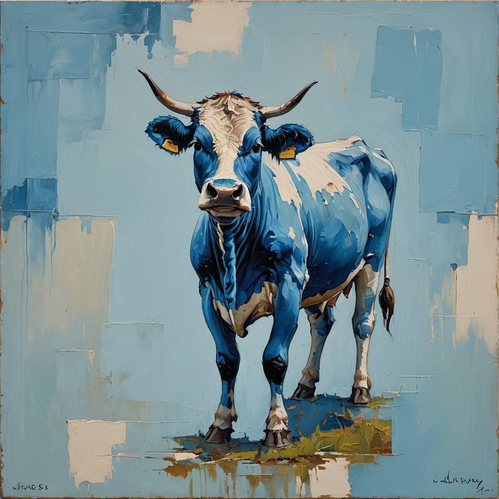 Abstract Blue Cow in Oil Paint Minimalism