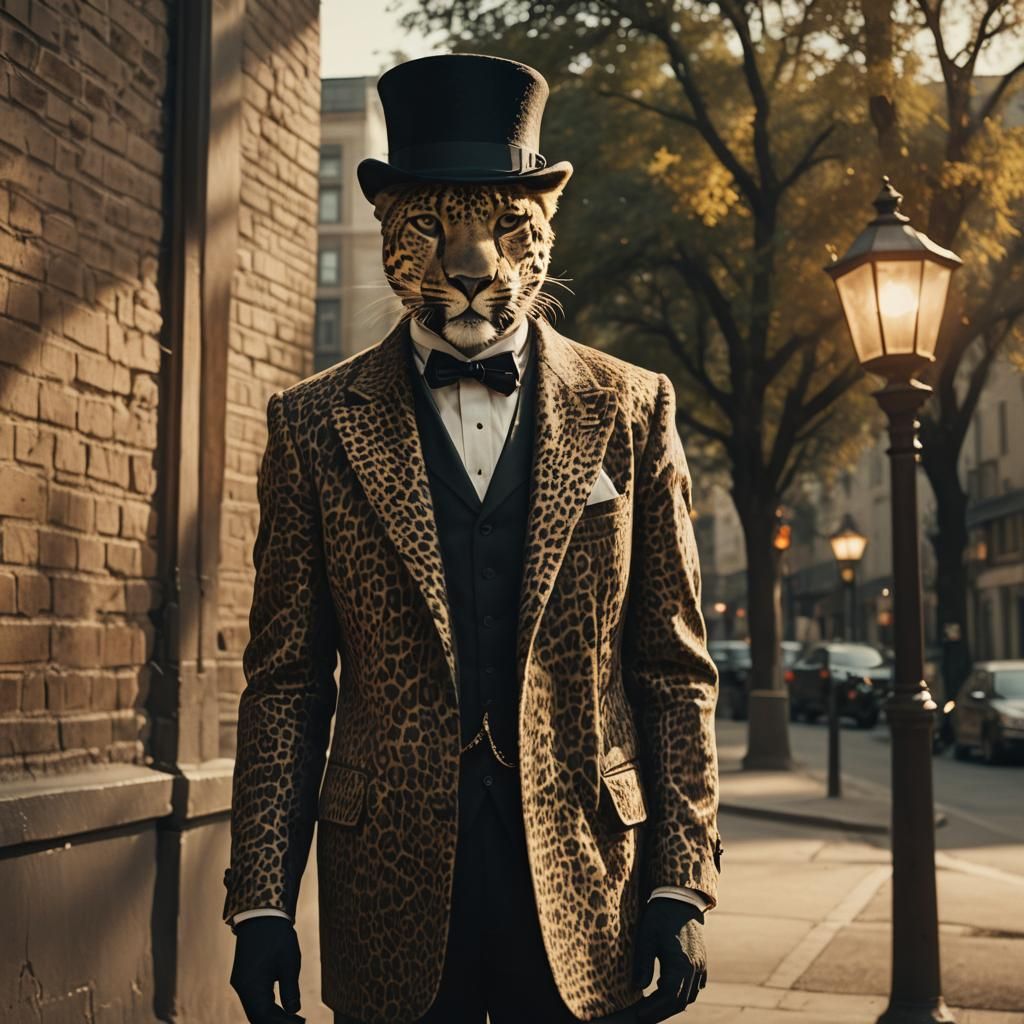 Leopard in Top Hat and Suit: Cinematic Portrait