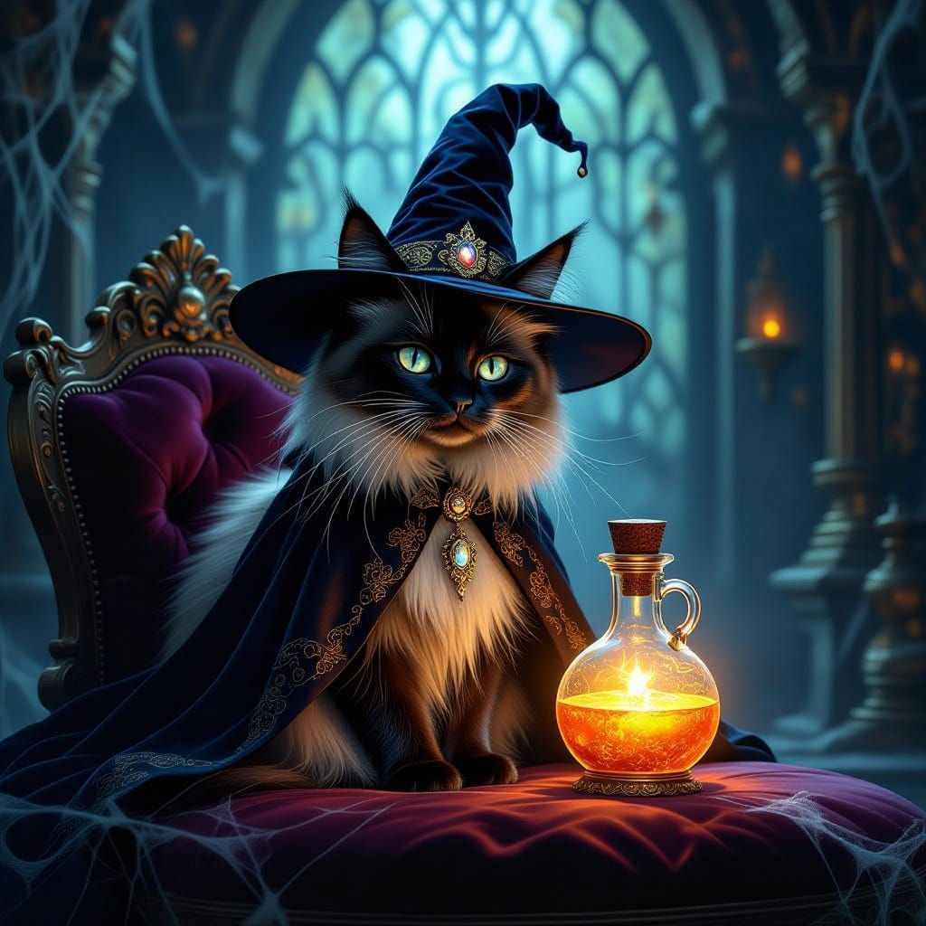 Majestic Siamese Witch Cat and Mystical Potion