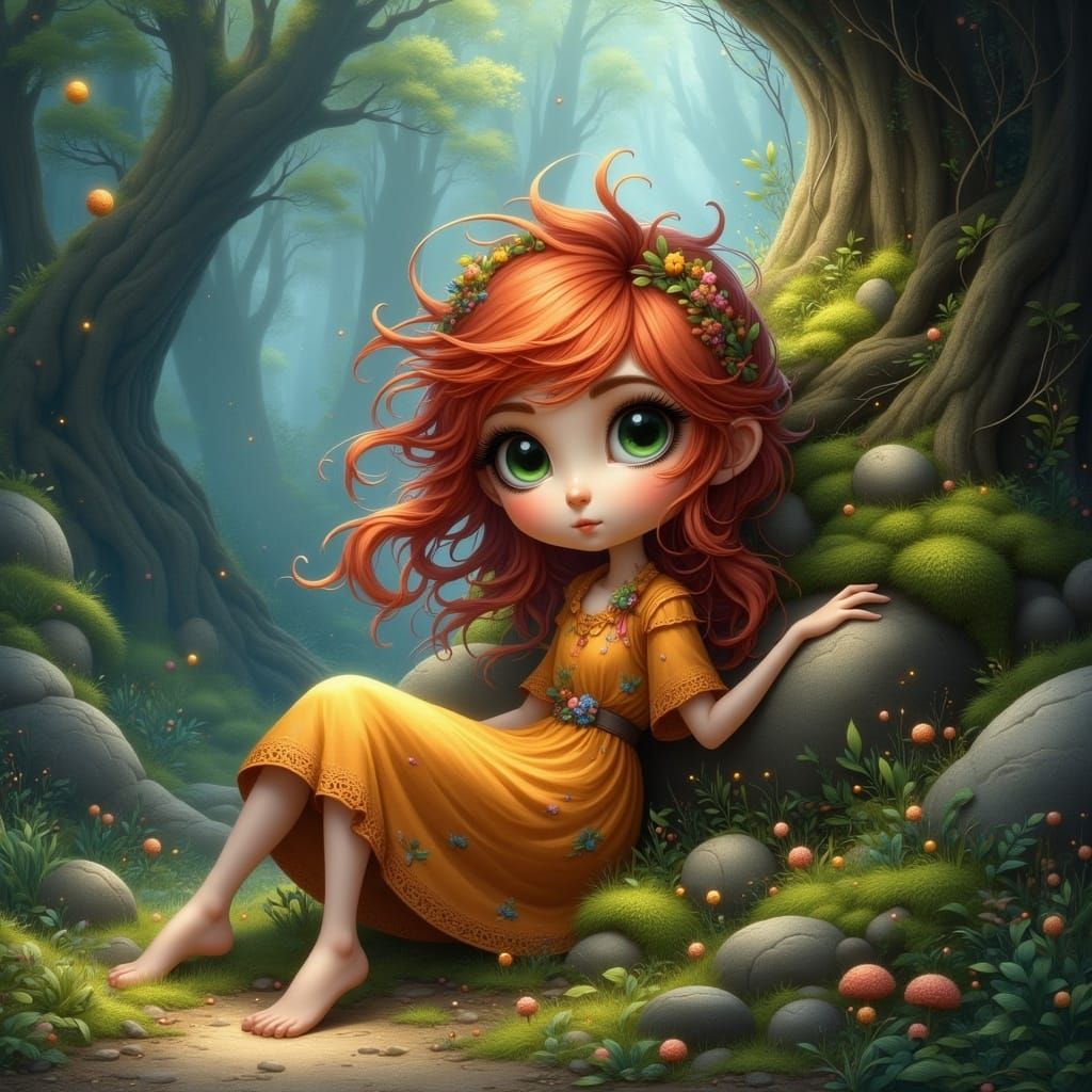 Enchanted Fire Sprite in Whimsical Woodland Setting