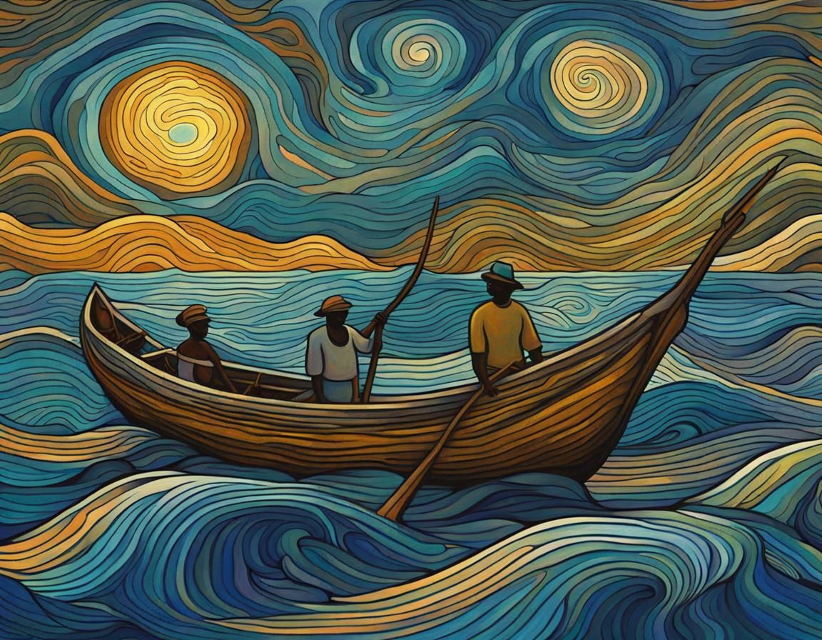 African Fishermen in Starry Night Art Nouveau Style