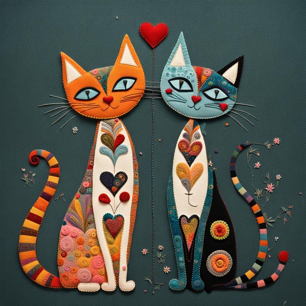 Abstract Cats in Love: A Whimsical Textile Collage