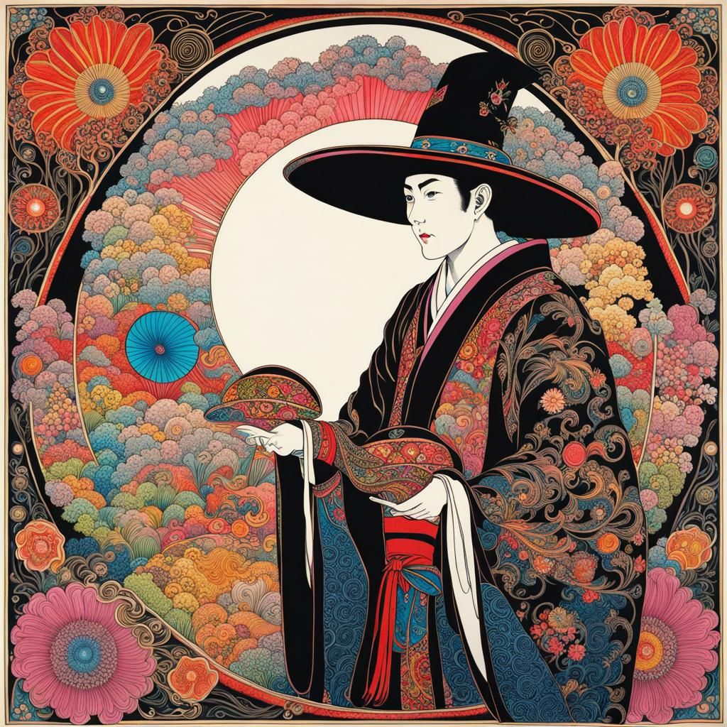 Magician in Japanese Ink Art Style