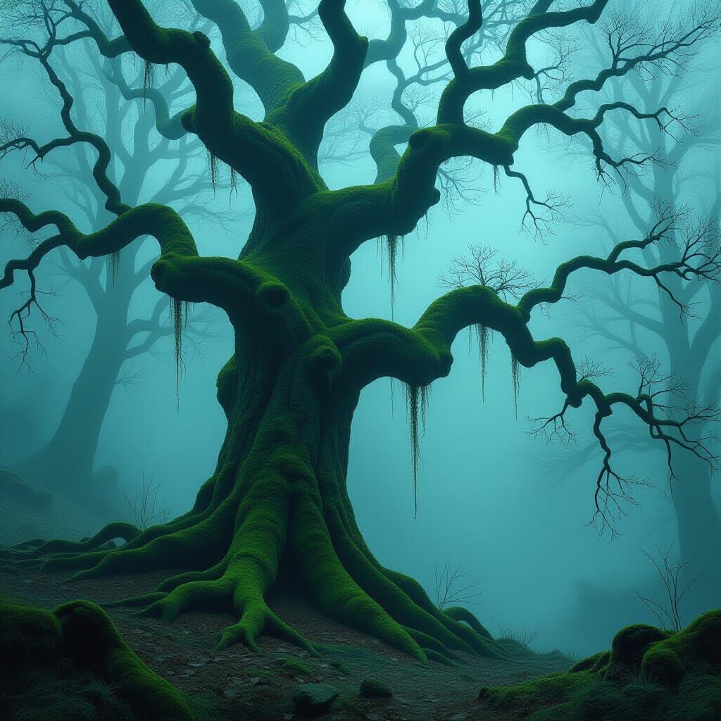 Ancient Tree in Ethereal Foggy Forest