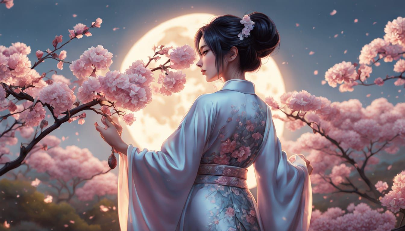 Ethereal Woman Tends Luminous Flower in Fantasy Landscape