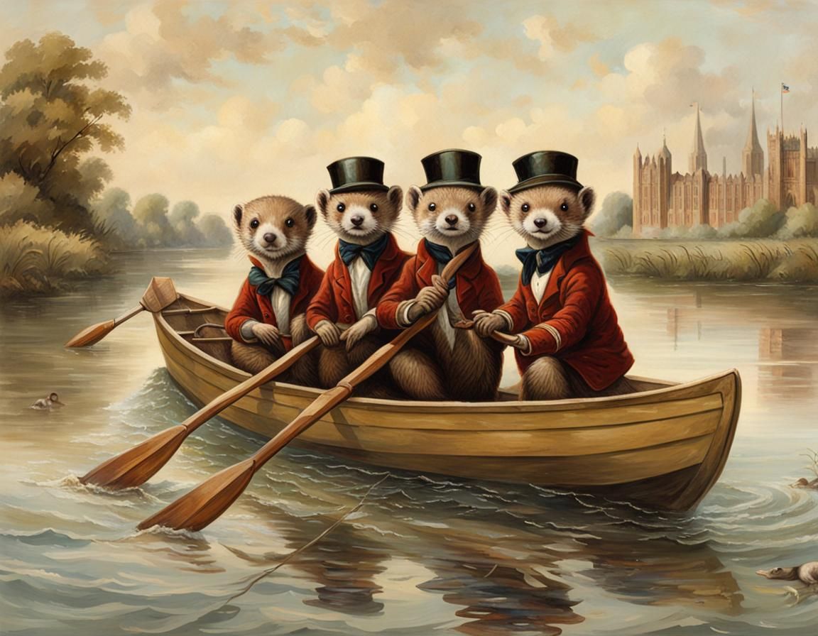 Victorian Weasels Rowing on the Thames