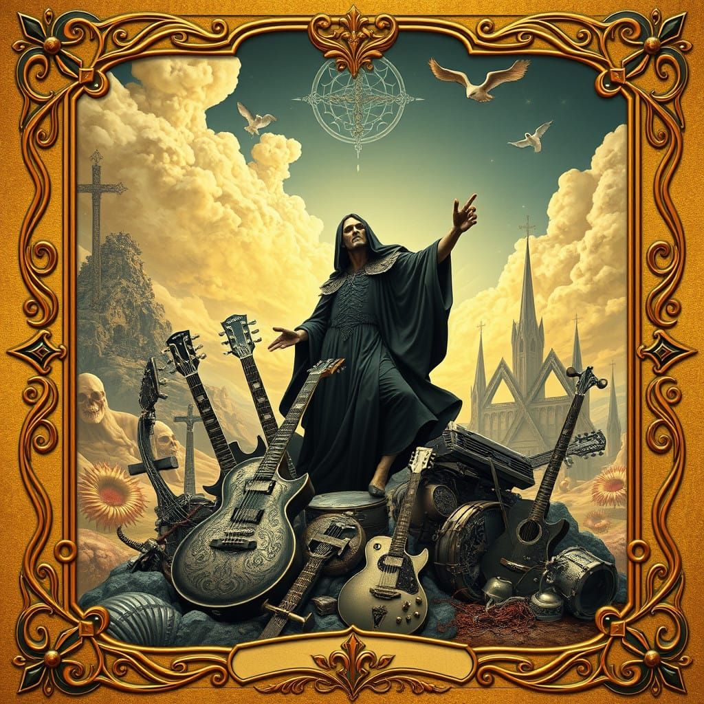 Surreal Hero Rises from Heavy Metal Graveyard in Art Nouveau...