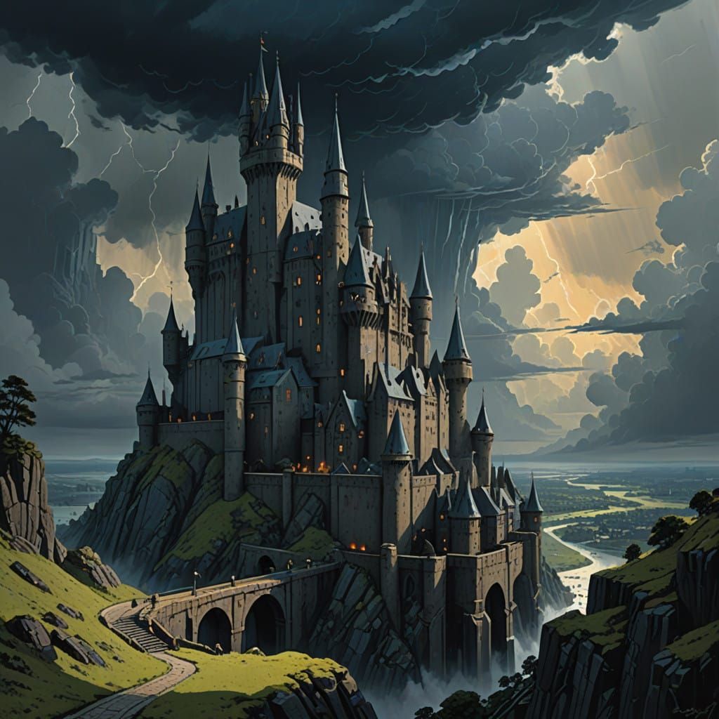 Majestic Medieval Fortress in a Stormy Sci-Fi Landscape
