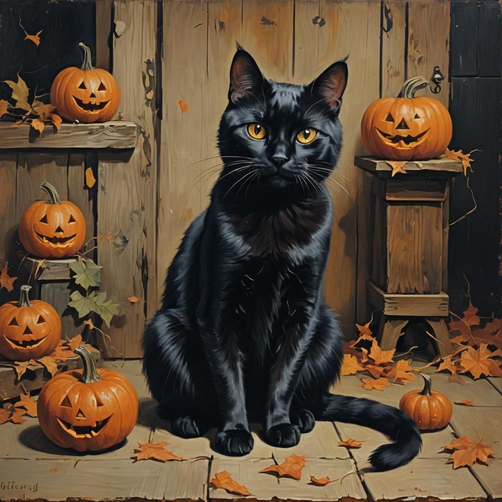 Vintage Halloween Cat Oil Painting