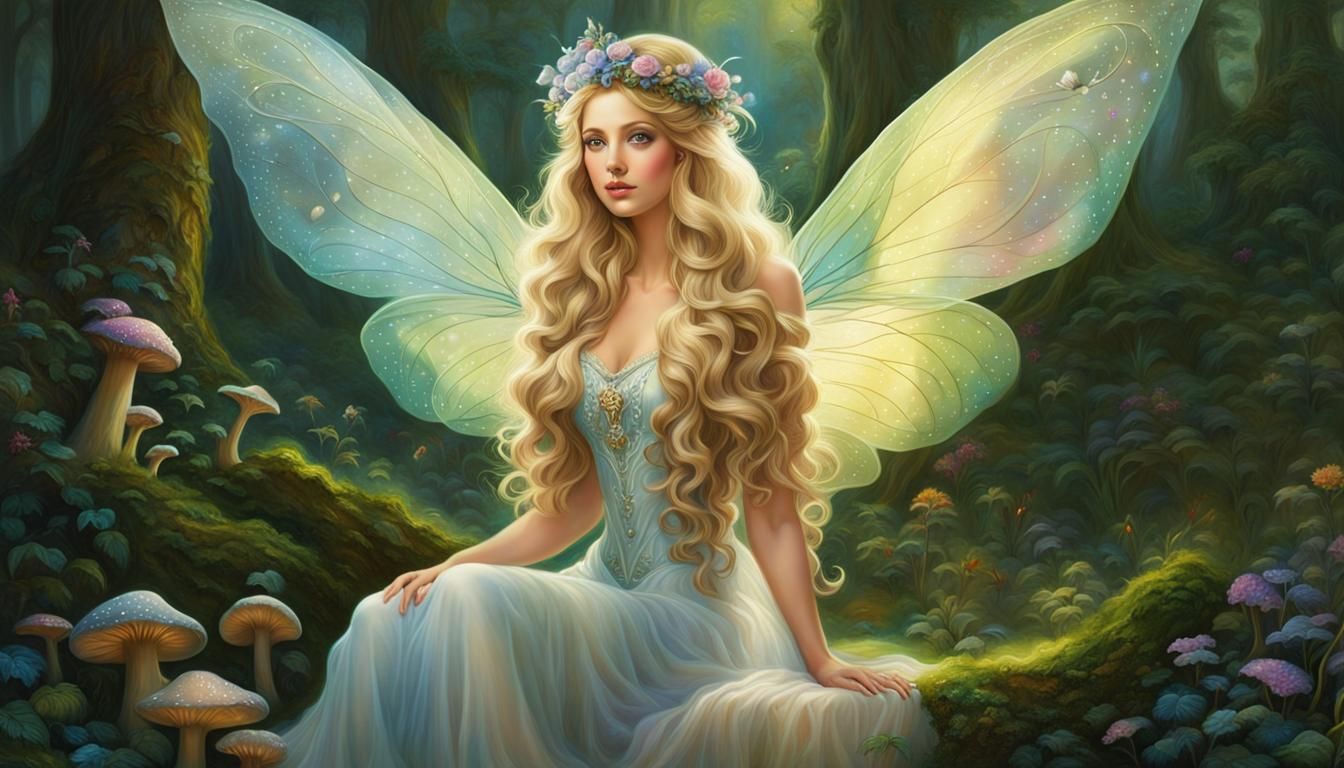 Fairy on Mushroom in Hyperrealistic Fantasy Style
