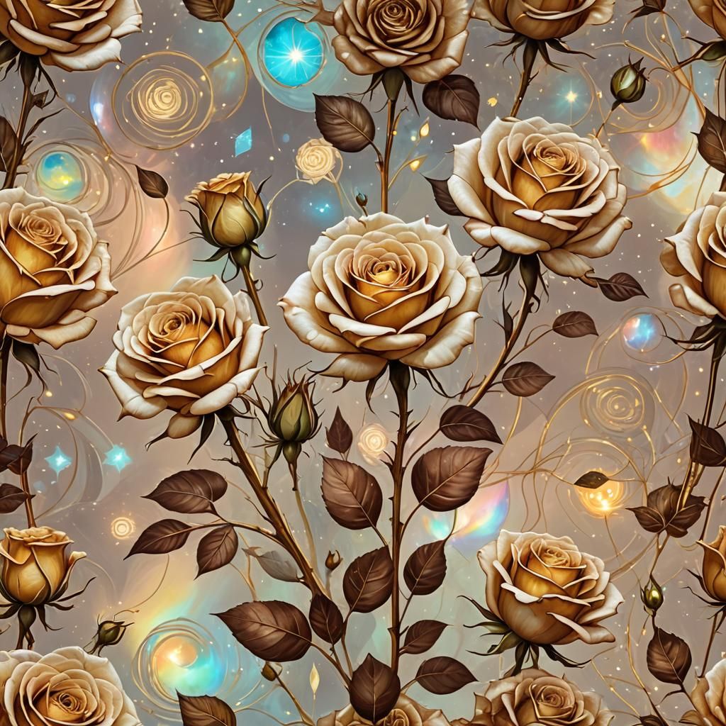 Cream, Gold, and Brown Rose in Cosmic Illustration