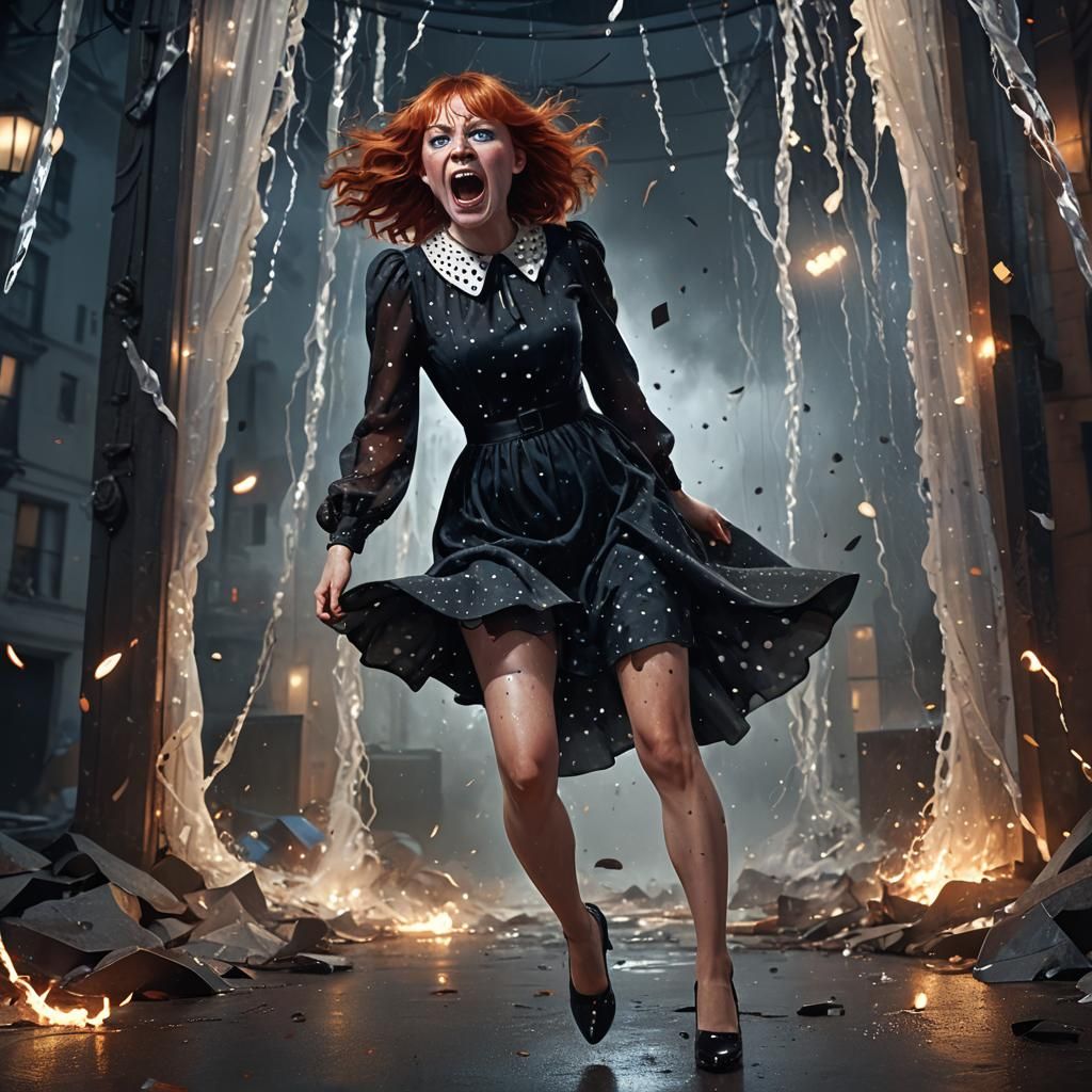 Frightened Woman in Polka Dot Dress at Night