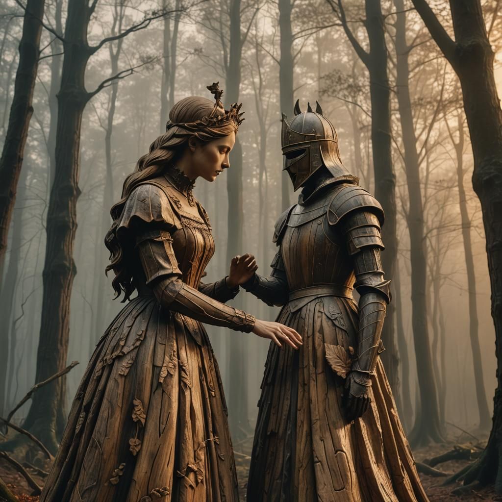 Wood Sculpture: Woman Bids Farewell to Knight