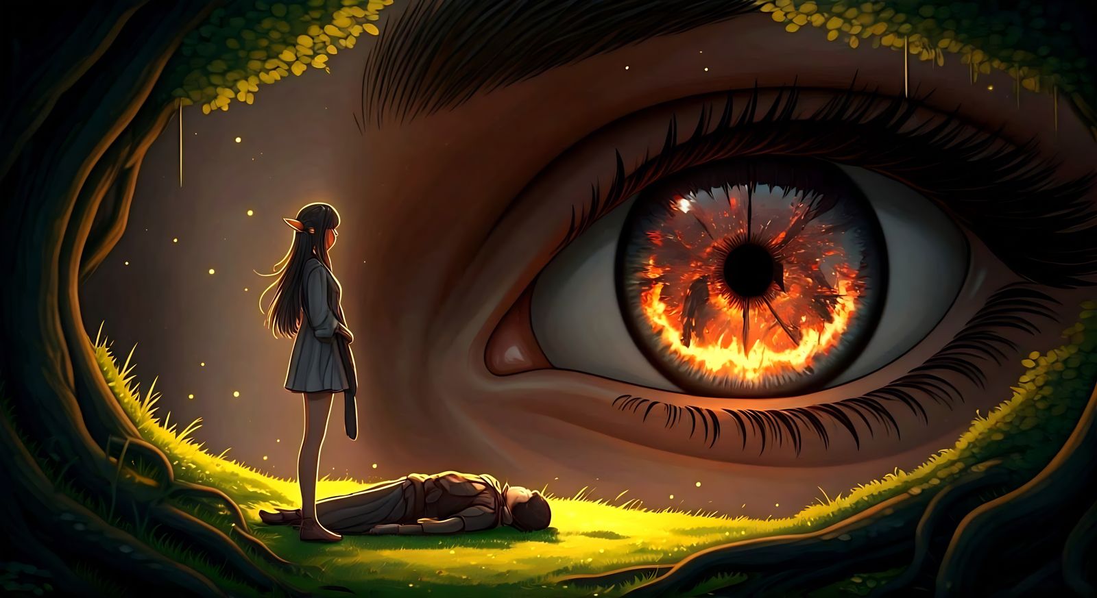 Anime Elf Girl in Stunning Side View with Vivid Reflections