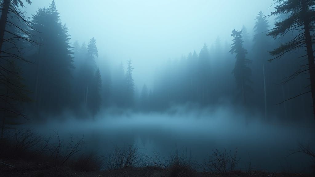 Hyperrealistic Foggy Forest with Misty Lake