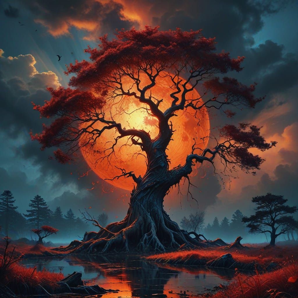 Ancient Scarlet Tree Glowing Against Dramatic Sky